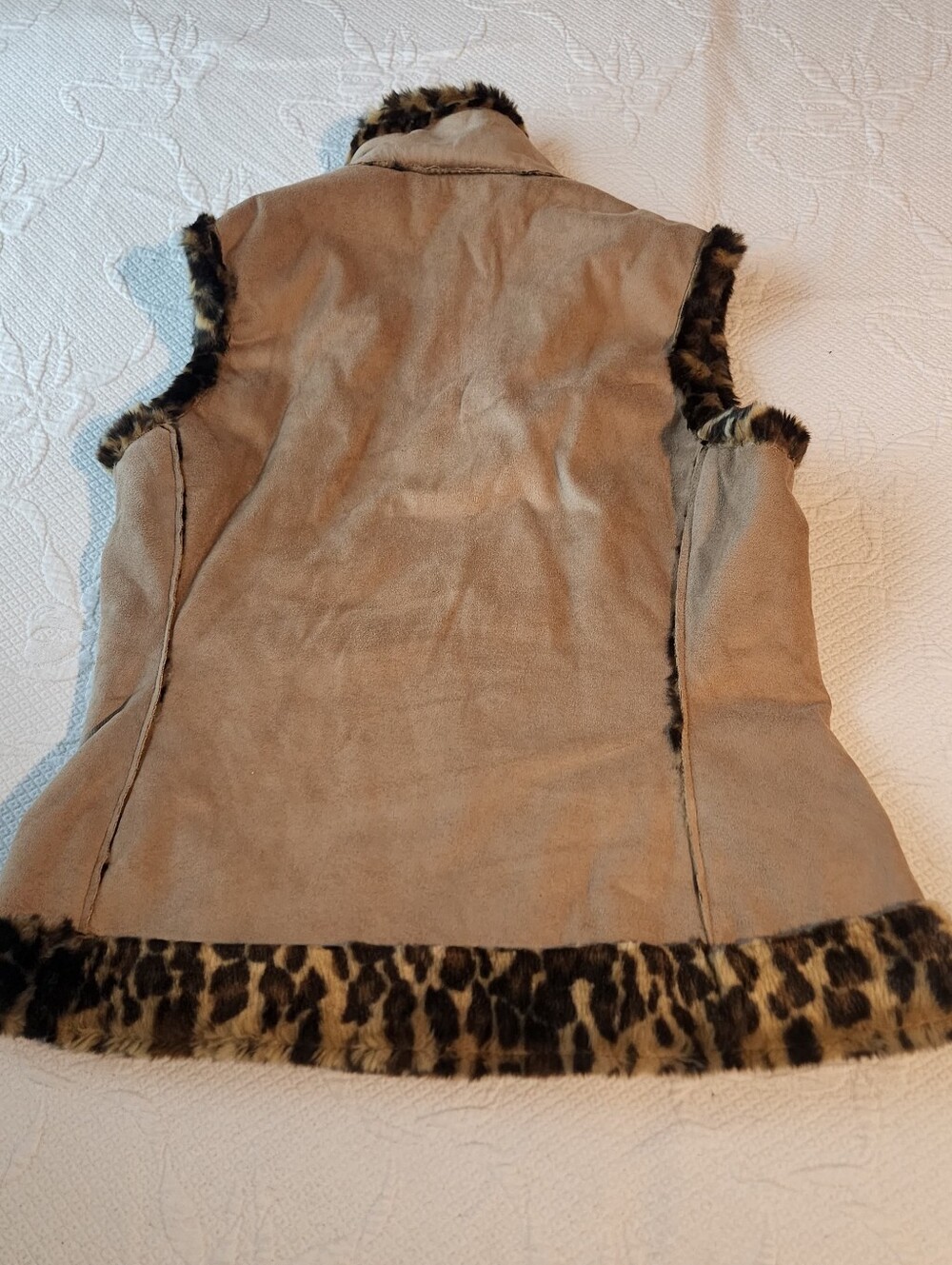 Tan Faux-Suede Sleeveless Vest with Leopard-Trim